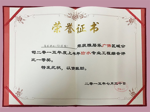 鄺洪根團(tuán)隊(duì)榮獲雅居樂(lè)2015年度上半年防水工程綜合評(píng)比一等獎(jiǎng) 防水材料